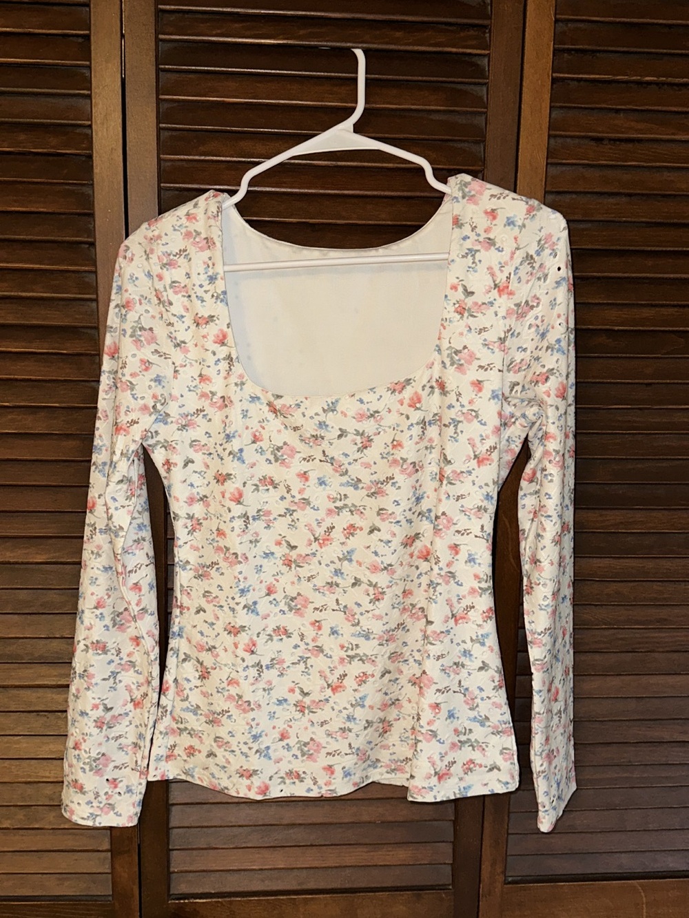 Women’s Floral Square-Neck Long Sleeve Top - White with Pink & Blue Floral